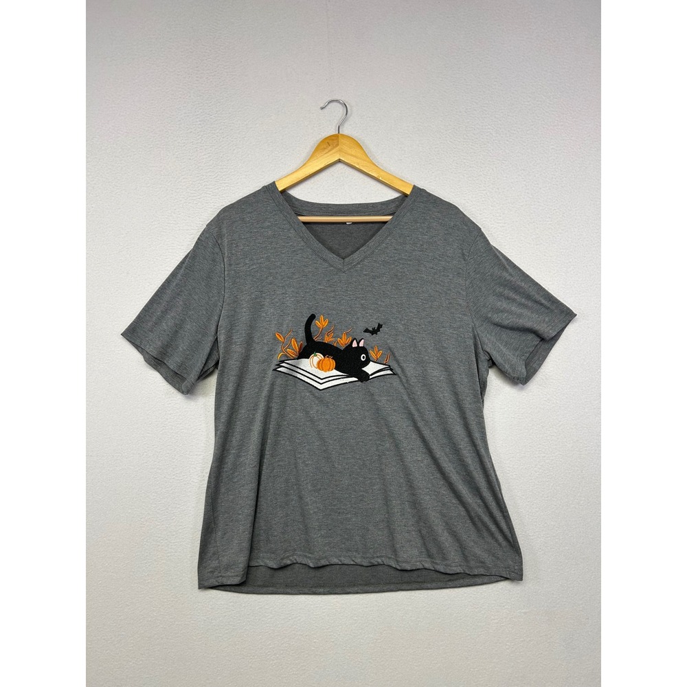 Halloween Spooky Cat Bookish Unbranded Womens 3XL Gray V-Neck Graphic T-Shirt